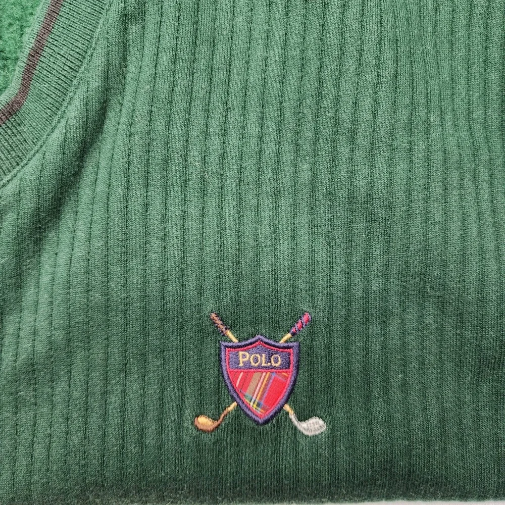 Polo Golf Ralph Lauren Sweater Vest Mens L Green Ribbed V-Neck Fleece Crest Logo